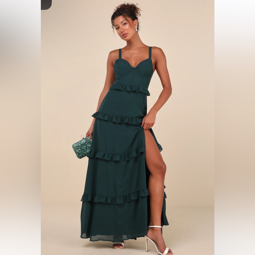 Sincerely Poised Emerald Backless Bustier Tiered Maxi Dress
